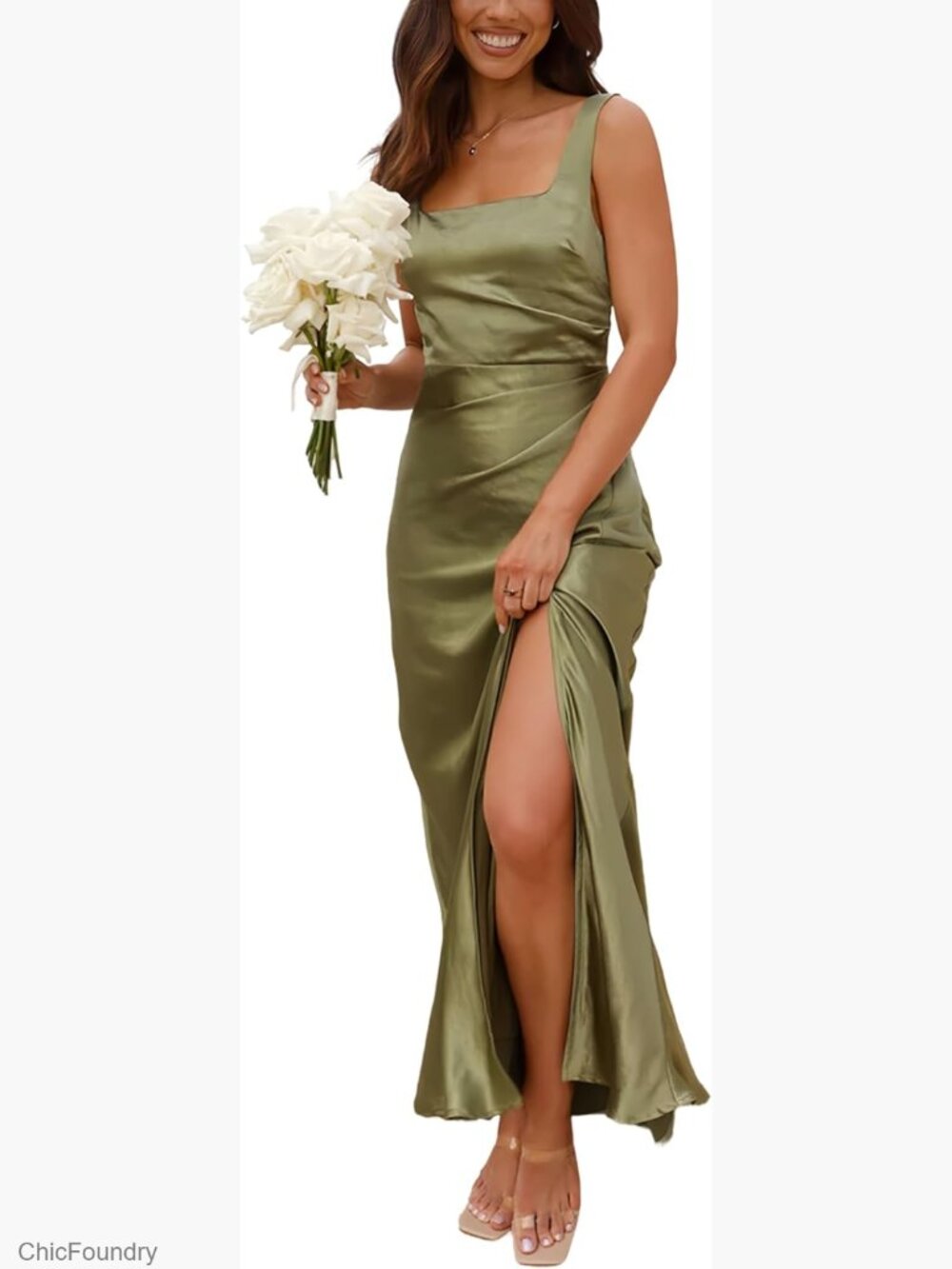 Silky Satin Maxi Dress Square Neck Tank Side Slit Formal Wedding Guest